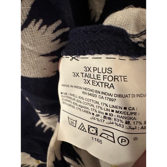 Old Navy Plus 3X Navy Blue Linen Top Blouse White Floral Print Short Sleeve - Picture 5 of 6